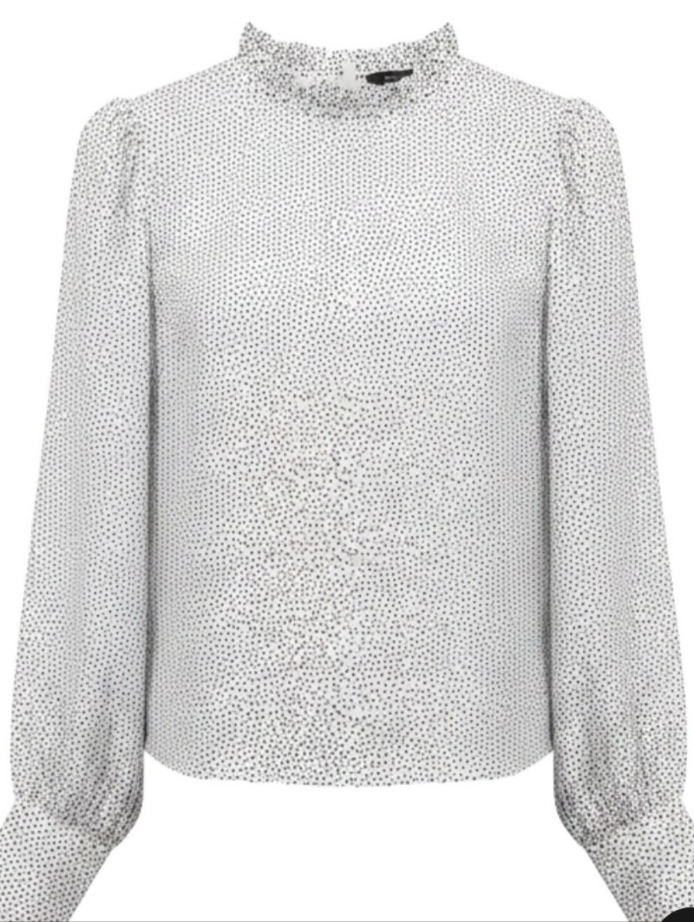 Women's White Polka Dot Long-Sleeve Ruffle Neck Blouse